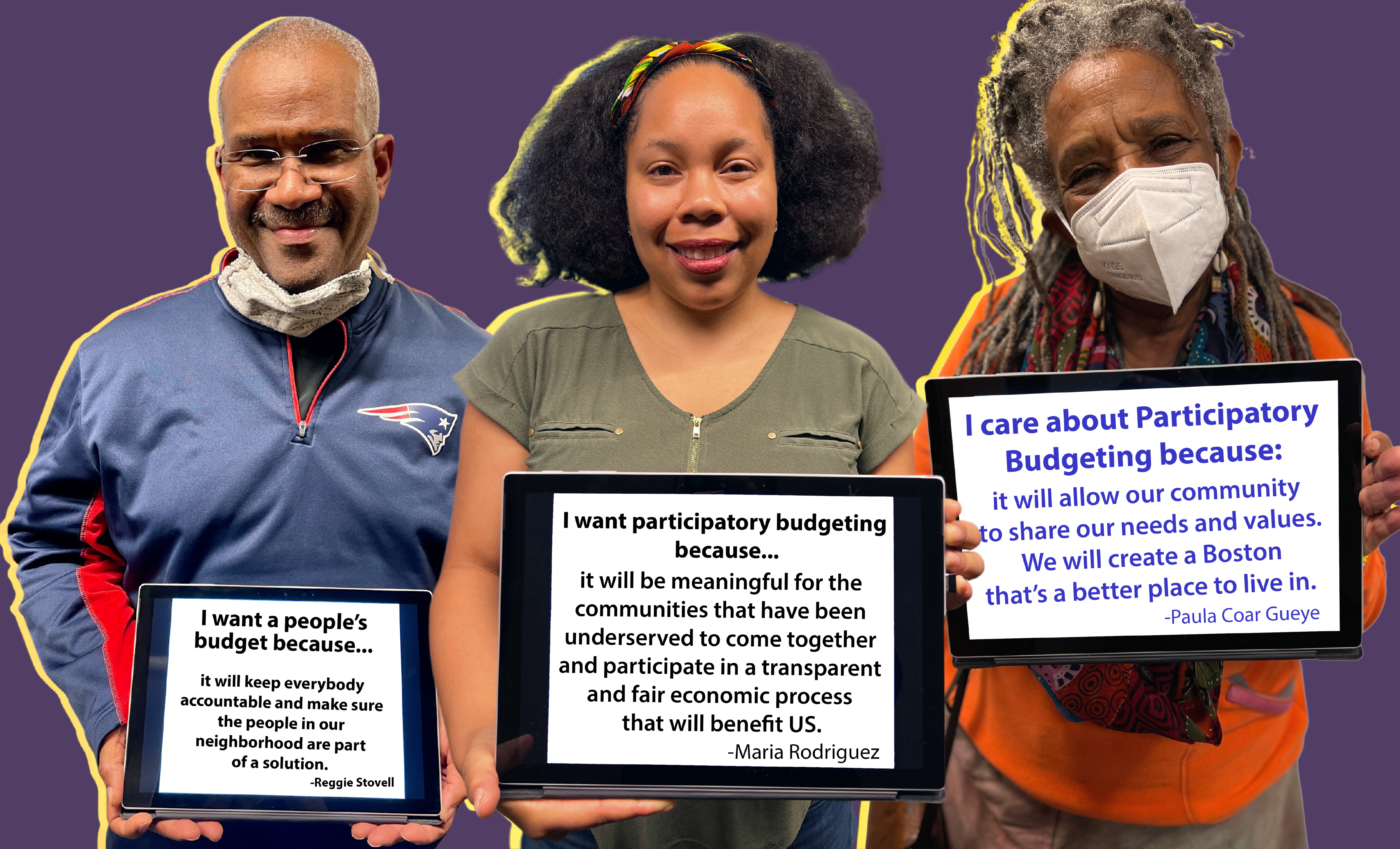 image of three people, their outlines cut out with a yellow halo surrounding them on a solid purple background. Each of the three people of color are holding up tablets with quotes printed on them about why they care about or want PB