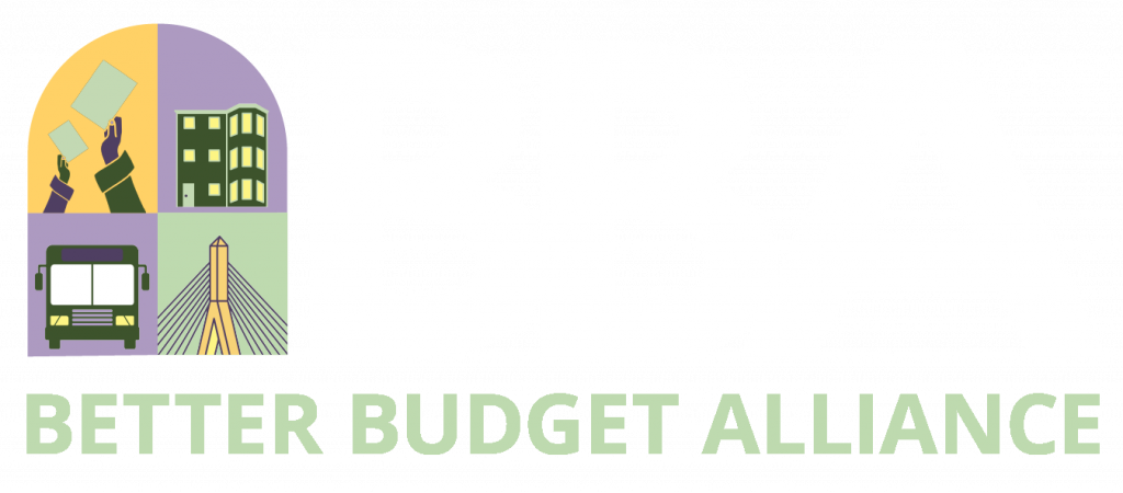 logo: top horizontal row - arch with four images (hands holding green cards up, a triple-decker building, a bus, and a bridge) next to big, white letters "BBA" | bottom horizontal row - smaller green letters "Better Budget Alliance"