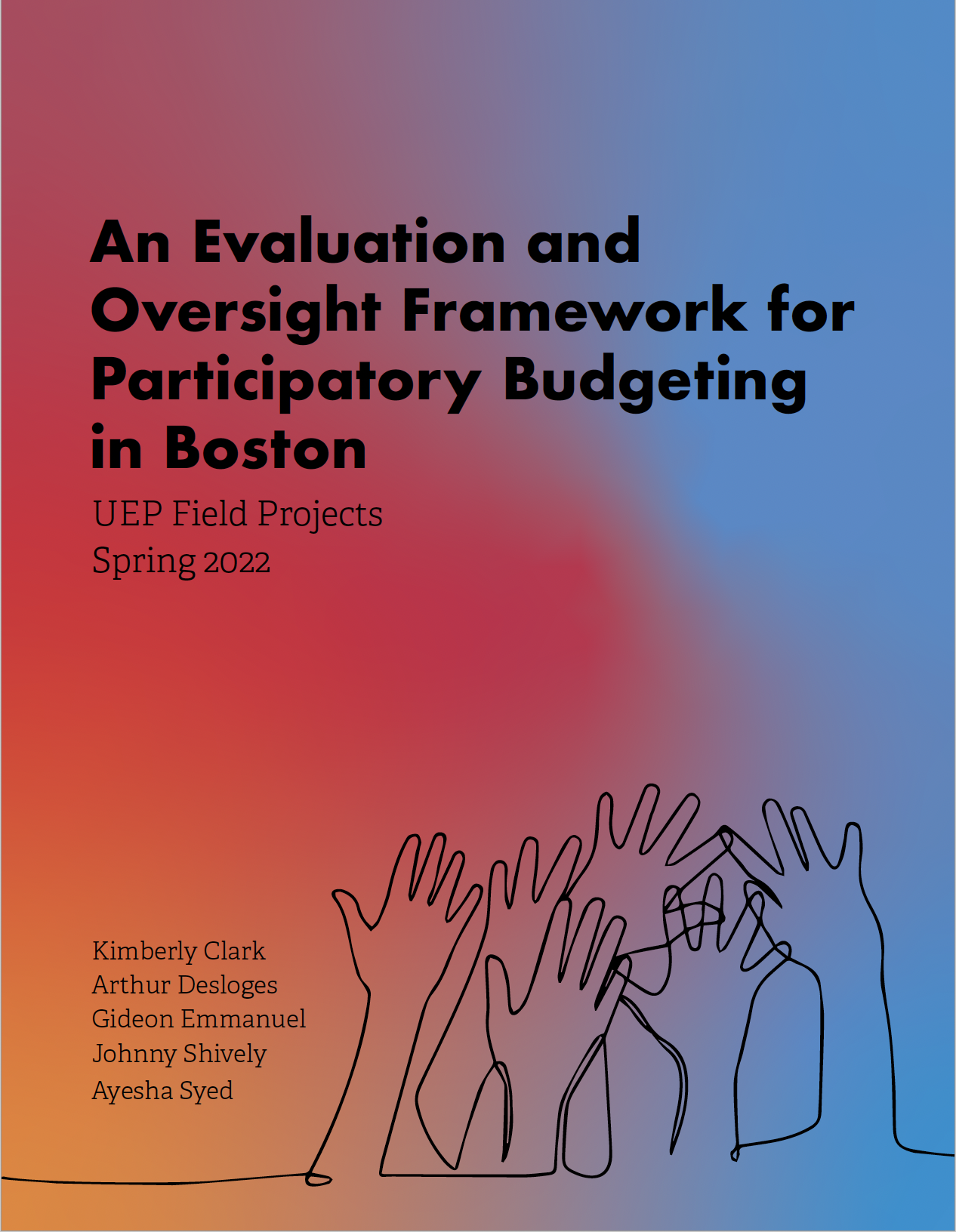 cover for PB Oversight and Evaluation report - bottom right corner: silhouette hands reaching up, orange to pink to blue gradient background