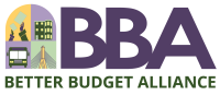 logo: top horizontal row - arch with four images (hands holding green cards up, a triple-decker building, a bus, and a bridge) next to big, purple letters "BBA" | bottom horizontal row - smaller green letters "Better Budget Alliance"